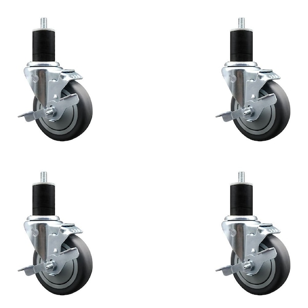 4'' Thermoplastic Rubber Swivel 1-3/4'' Expanding Stem Caster Set with Brake, 4PK